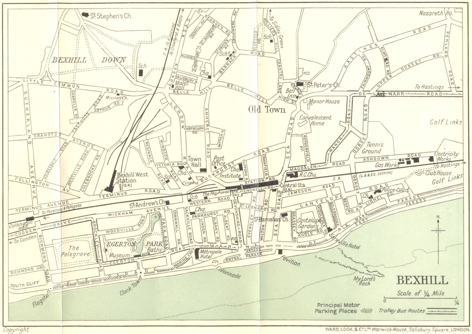 BEXHILL vintage town/city plan. Sussex. WARD LOCK 1934 old vintage map chart